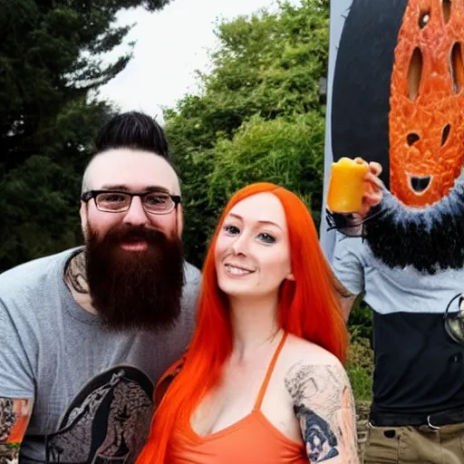 Prompt: an attractive slender woman with red orange hair and a man with a dark beard and tattoos are very happy amongst cheese and lizards