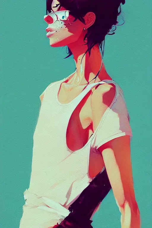 Image similar to a ultradetailed beautiful painting of a stylish woman with a white tank top, by conrad roset, greg rutkowski and makoto shinkai trending on artstation