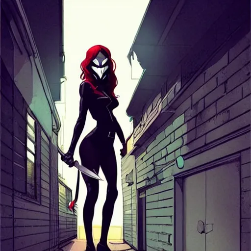 Prompt: style of Jaime McKelvie and Joshua Middleton comic book art, cinematic lighting, realistic, bunny mask female villain holding a bloody kitchen knife, standing in an alleyway, full body sarcastic pose, symmetrical, realistic body, knee high socks, The Purge, rioters, night, horror, dark color palette