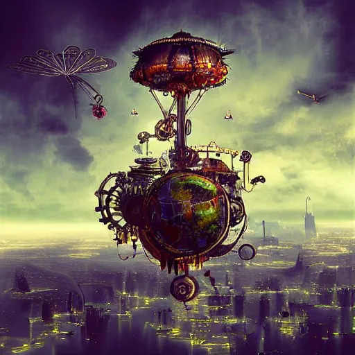 Image similar to flying city ontop of a mechanical flower, sky, fantasy art, steampunk