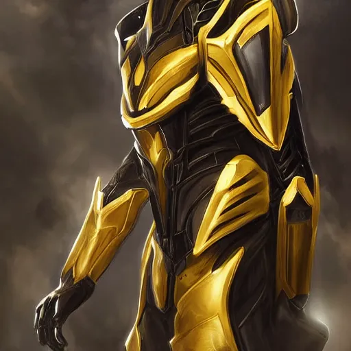 Image similar to black and gold warframe armor cinematic detailed photorealistic digital artwork digital painting