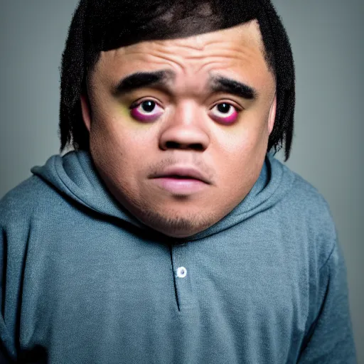 Image similar to 4 k editorial photograph of down syndrome midget kevin gates, sharp focus, soft lighting, edge lighting, studio portrait, 1 3 mm film color grading