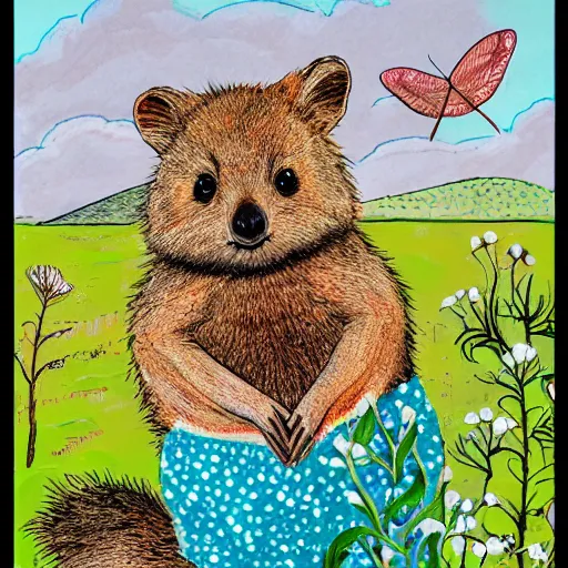 Prompt: detailed illustration, a happy quokka on rotttnest island in the style of may gibbs, layered composition, layers, texture, textured, layered, sculpted, dynamic, 🦋,