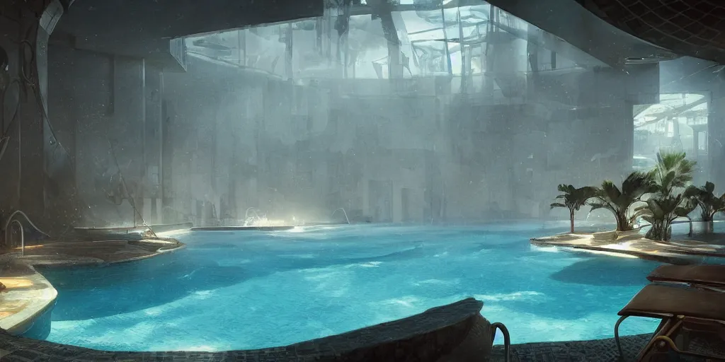 Prompt: swimming pool of a thermal fitness center, with hot spring, cinematic lighting, exaggerated detailed, unreal engine, art by greg rutkowski & peter mohrbacher