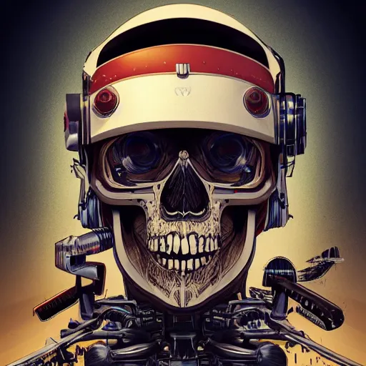 Image similar to a portrait of an cyborg vintage skull no teeth in a racing helmet by sandra chevrier, detailed render, epic composition, cybernetics, 4 k realistic, cryengine, realistic shaded lighting, sharp focus, masterpiece, by matteo scalera, gary montalbano, peter elson in the style of the tokyo ghost comic