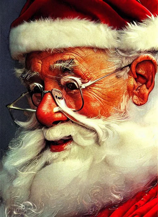 Image similar to high quality high detail painting by norman rockwell, hd, close up portrait, santa clause, muted pastel colors, photorealistic lighting