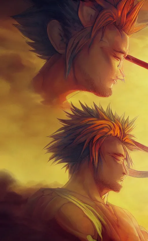 Prompt: photorealistic portrait of the god Sun Goku on his staff meditating on a steep hill Infront of a yellow and red sunset, digital photorealistic art, concept art, trending on art station