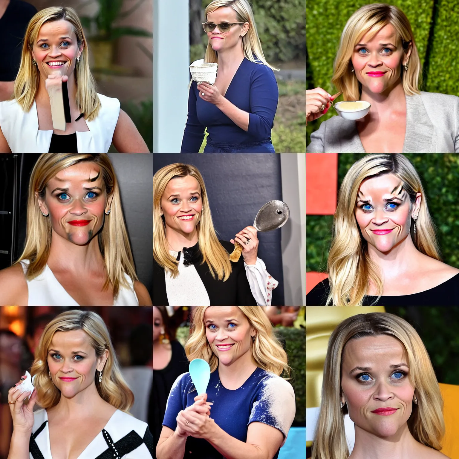 Prompt: reese witherspoon hold a tiny spoon with white powder on it up to her nose, photo
