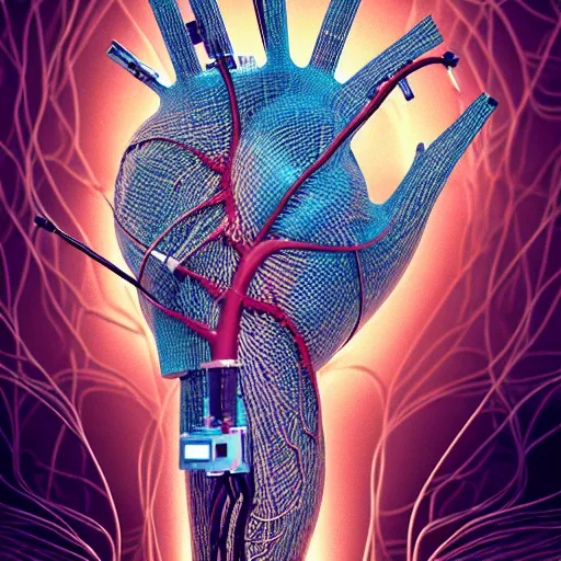 Image similar to a human heart, revealing wires and electronics, arteries, veins, human heart, anatomy, sci - fi, missing panels, intricate abstract upper body intricate artwork, concept art, octane render, deviantart, cinematic, key art, hyperrealism, iridescent accents, portrait photograph, nikon 3 5 mm, parts illustration