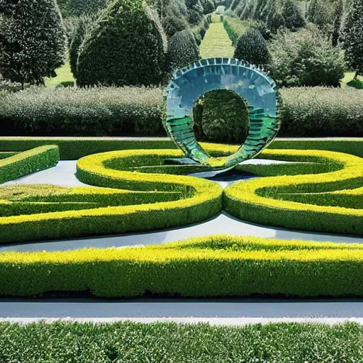 Image similar to giant Italian modern castle formal garden with a modern stainless steel organic shaped modern sculptures with mirror finish by Tony Cragg, photo by Annie Leibovitz