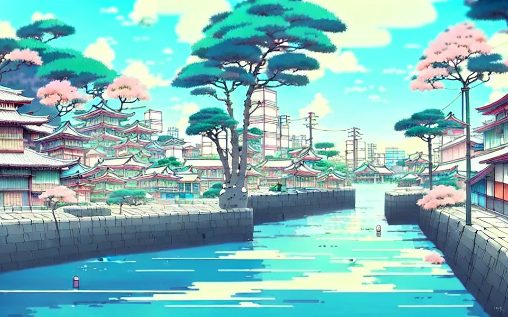 Image similar to a japanese city near the sea, lofi, dreamy, moody, very colorful, anime inspiration, ghibli vibe