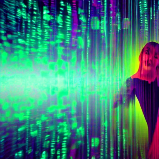 Prompt: glitchart of a young woman lucid dreaming in cyberspace, photoreal