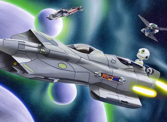 Image similar to buzz light - year flying a viper mk 2 into the death star