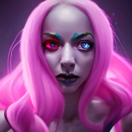 Image similar to Portrait of jinx from league of legends, anger, mystery, fear, highly detailed, beautiful, ominous vibe, smoke, octane render, cgsociety, artstation, trending on ArtStation, by Marie Magny