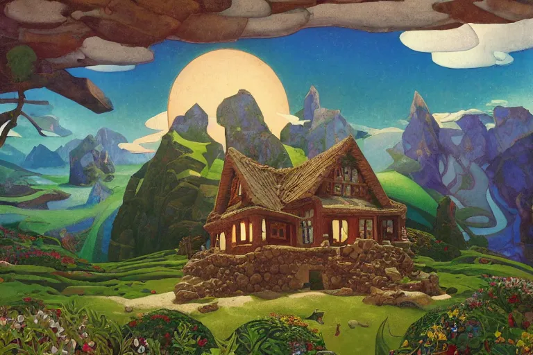 Image similar to the enchanted cottage and gardens of a wise woman on a mountaintop, dramatic cinematic lighting, folk-art carved painted wood house, rich colors, by Nicholas Roerich and William Dyce and ford madox brown and April Gornik and Caspar David Friedrich and Diego Rivera and Tyler Edlin and Ivan Bilibin, featured on artstation