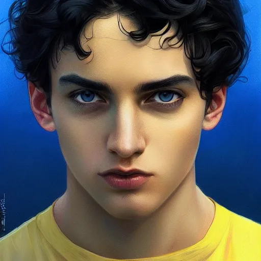 Prompt: ultra realistic illustration, a young man with black hair, in a yellow t - shirt, with blue eyes, highly detailed, digital painting, artstation, concept art, smooth, sharp focus, illustration, art by artgerm and greg rutkowski and alphonse mucha