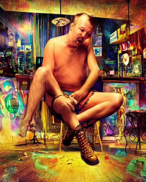 Image similar to doug stanhope in a strip club after eating 3 mg of lsd dof hdr art by aleksi briclot and alexander'hollllow'fedosav and laura zalenga