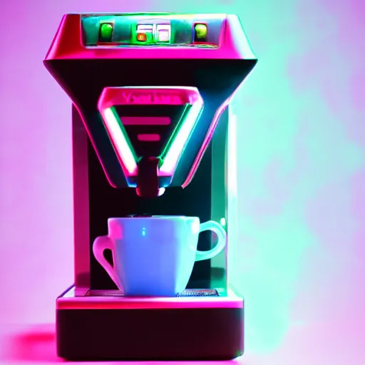 Image similar to a cyberpunk coffee machine, neon lights, vaporware colors.