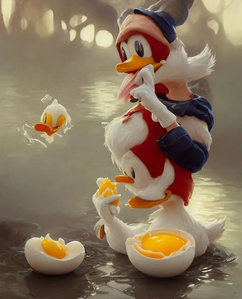 Prompt: realistic photography of a disgusted donald duck eating dirty eggs, deep focus, intricate, elegant, highly detailed, foggy, misterious, digital painting, artstation, concept art, matte, sharp focus, illustration, art by artgerm and greg rutkowski and alphonse mucha