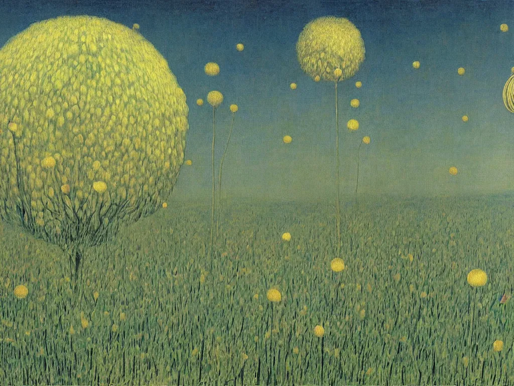 Prompt: Fata morgana above the oasis. Dandelion seed fractal glowing storm. Trembling waters. Painting by Rene Magritte, Jean Delville, Max Ernst, Maria Sybilla Merian