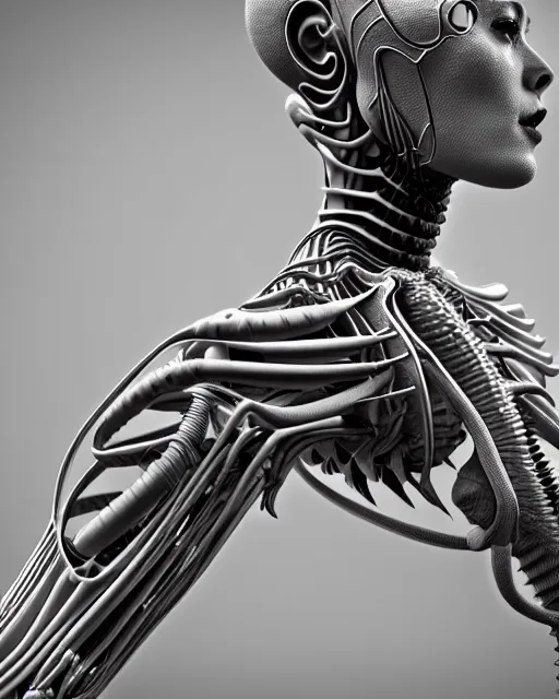 Prompt: raw bw 3 d render biomechanical intricate spinal ribbed exotic alien organic body detail of mechanical female cyborg, beautiful insanely detailed, digital art, octane render, 8 k artistic photography, photorealistic