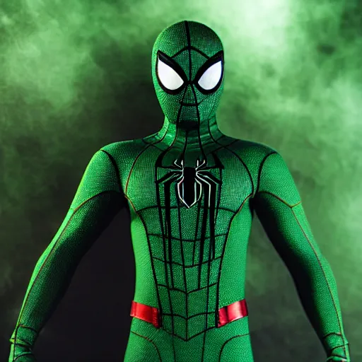 Image similar to green spider - man suit with black web lining, cinematic, volumetric lighting, realistic, hyperdetailed, photorealistic, photograph