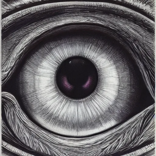 Prompt: robust, elaborate by bob eggleton, by louis majorelle. a drawing of a large eye that is looking directly at the viewer. the eye is composed of a myriad of colors & patterns, & it is surrounded by smaller eyes.