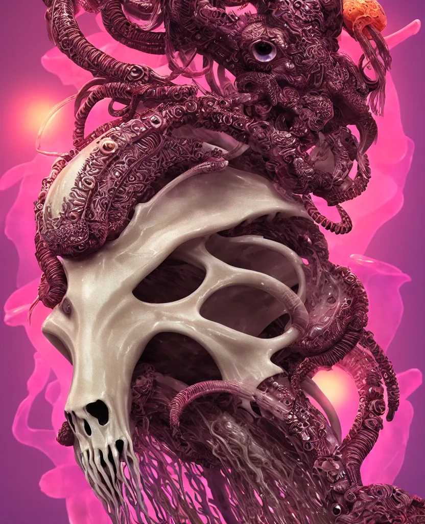 Image similar to goddess close-up portrait ram skull. jellyfish phoenix head, nautilus, orchid, ram skull, betta fish, bioluminiscent creatures, intricate artwork by Tooth Wu and wlop and beeple. octane render, trending on artstation, greg rutkowski very coherent symmetrical artwork. cinematic, hyper realism, high detail, octane render, 8k