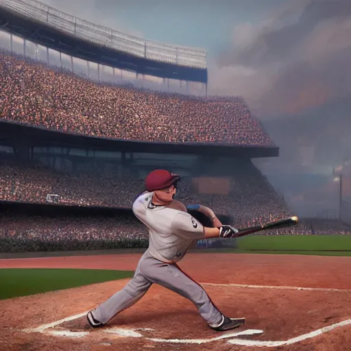 Image similar to baseball player hitting the ball with the baseball bat in the middle of the game and in front of everyone in the stadium, james gurney painting style, greg rutkowski, artstation, octane render, unreal engine 5