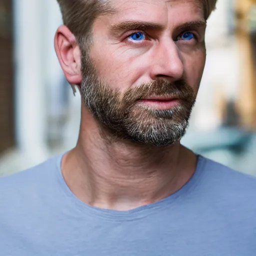 Image similar to close up of face of good looking 4 0 year old slavic blond man with blond stubble, very short wavy blond hair in a short pompadour style, pale skin, very dark blue eyes, hairy shoulders, hairy chest, portrait, 4 k