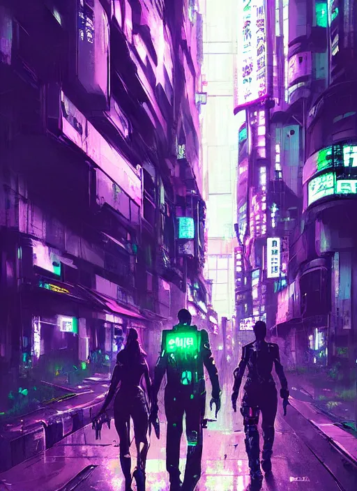 Prompt: cyberpunk metal hunters walking in shinjuku, green and purple hour by ismail inceoglu