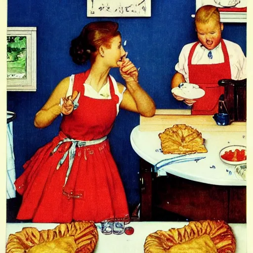 Image similar to housewife putting a hot apple pie on kitchen table, blue dress, apron, giving the middle finger to her husband, 2 children eating, artwork of norman rockwell