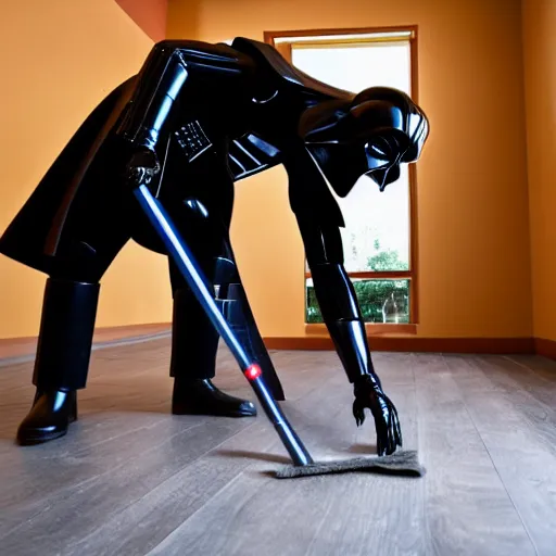 Image similar to a photo of darth vader mopping the wooden floor