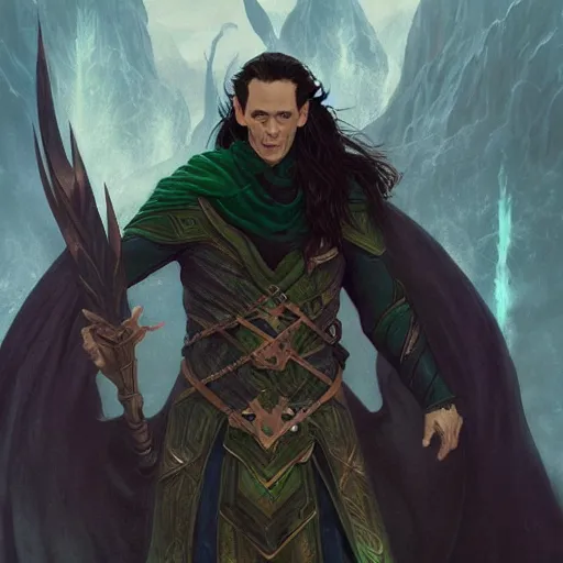 Prompt: loki as a necromancer, summoning undead, glacier landscape, d & d, fantasy, intricate, elegant, highly detailed, digital painting, artstation, concept art, matte, sharp focus, illustration, art by artgerm and greg rutkowski and alphonse mucha