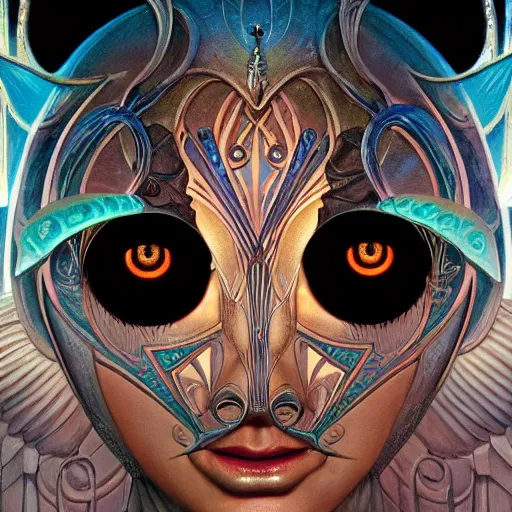 Image similar to beautiful closeup portrait of an art deco fairy queen, glowing eyes. reflective detailed textures, moth wings, highly detailed dark fantasy science fiction painting by donato giancola and peter mohrbacher and nicholas roerich and diego rivera, elaborate geometric ornament, ancient runes, silver and cool colors. artstation