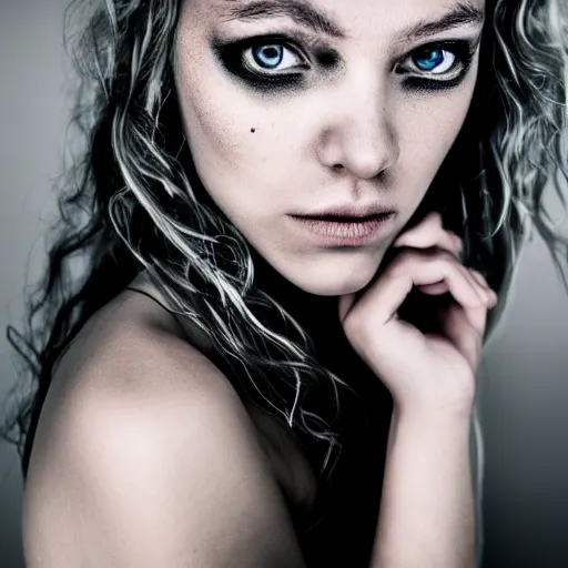 Image similar to A gorgeous blonde, grungy, glowing eyes, modelsociety, radiant skin, studio lighting, perfect face, intricate, Sony a7R IV, symmetric balance, polarizing filter, Photolab, Lightroom, 4K, Dolby Vision, Photography Award