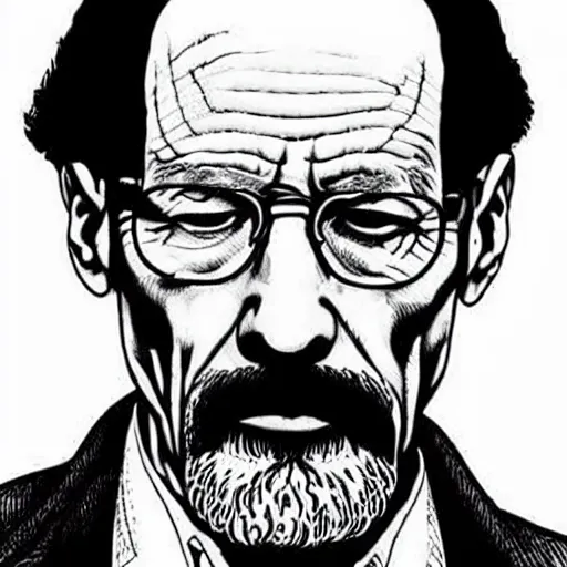 Image similar to The Artwork of R. Crumb and his Cheap Suit Breaking-Bad-Walter-White, pencil and colored marker artwork, trailer-trash lifestyle