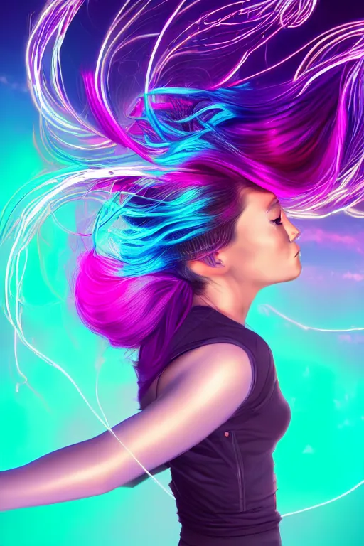 Image similar to a award winning half body portrait of a beautiful woman in a croptop and cargo pants with ombre purple pink teal hairstyle with head in motion and hair flying, surrounded by whirling illuminated lines, outrun, vaporware, shaded flat illustration, digital art, trending on artstation, highly detailed, fine detail, intricate