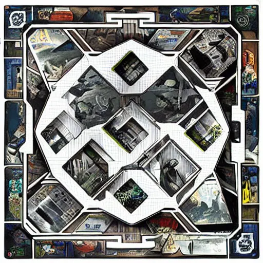 Image similar to advertisement photo of an incredible tabletop game in the style of M. C. Escher