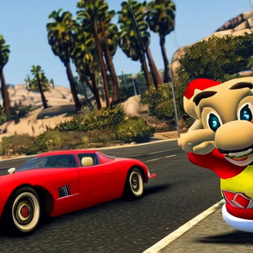 Image similar to a screenshot of GTA V with mario driving a car