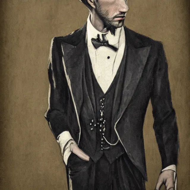 Image similar to photorealistic sepia full - head portrait of a 1 9 2 0 s era smirking male occultist, well dressed, long - tailed tuxedo coat, atmospheric lighting, dark, brooding, painted, intricate by thierry doizon, ultra detailed, well composed, best on artstation, cgsociety, epic, stunning, gorgeous, intricate detail, much wow, masterpiece