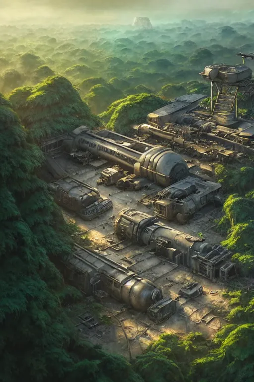 Image similar to a highly detailed matte painting of a post - apocalyptic dieselpunk military base in the jungle aerial view, by studio ghibli, makoto shinkai, by artgerm, by wlop, by greg rutkowski, volumetric lighting, octane render, 4 k resolution, trending on artstation, masterpiece