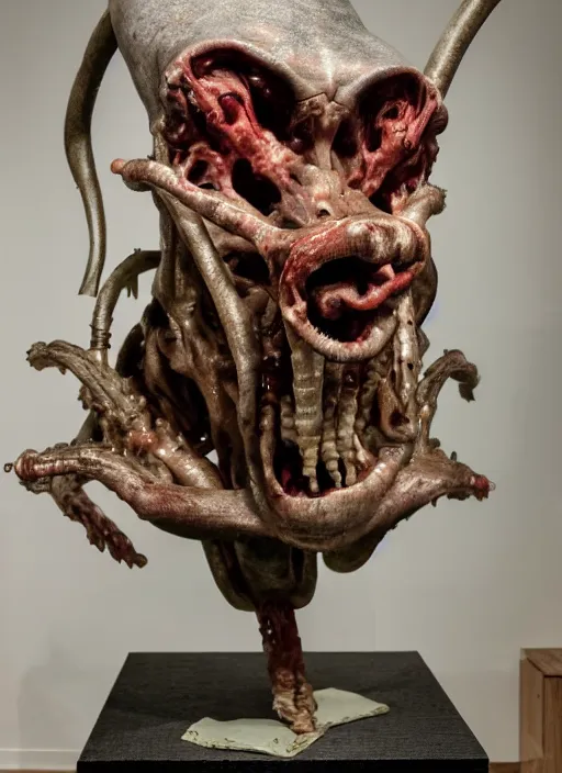 Image similar to an ugly teratoma on a plinth in the middle of a museum room full of people painted by hopper and giger