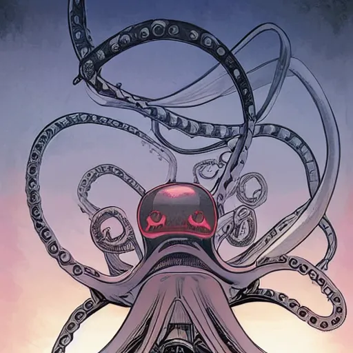Image similar to stunning portrait of a mechanical octopus in a dramatic setting by brian k. vaughan