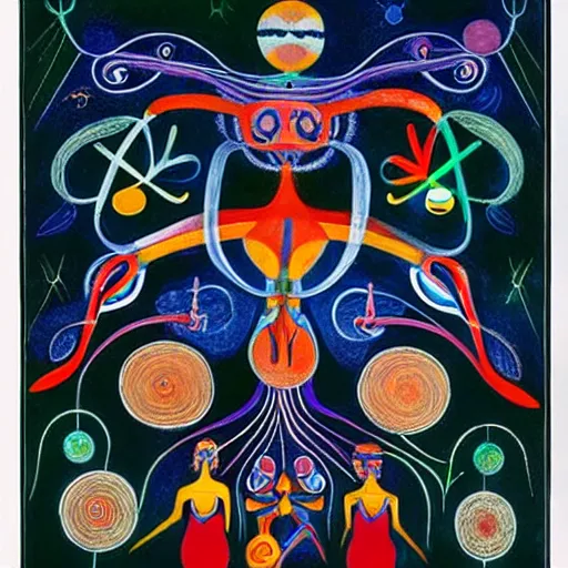 Prompt: interdimensional machine elves, painted by alex grey and hilma af klint and joan miro