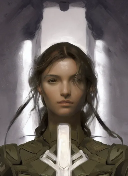 Image similar to a professional painting of a beautiful young female, clothed in military armor, olive skin, long dark hair, beautiful bone structure, symmetrical facial features, intricate, elegant, digital painting, concept art, smooth, sharp focus, illustration, from Metal Gear, by Ruan Jia and Mandy Jurgens and Artgerm and William-Adolphe Bouguerea