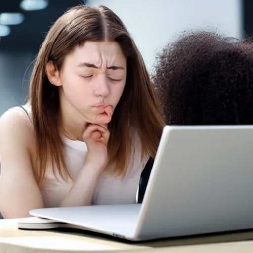 Image similar to photo of a beautiful young woman struggling to buy an apple laptop online, eyes closed, frustrated,