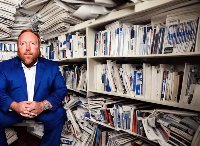 Prompt: dslr photo still of infowars host alex jones in a blue suit fat beard and mustache sitting depressed in a room filled to the ceiling with newspapers, 5 2 mm f 5. 6