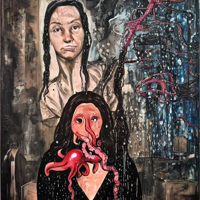 Image similar to a portrait in a dark apartment, cityscape, a female art student holding an octopus, rain made of milk, berries, broken bottles, metaphysical, neo - expressionism, surrealism, acrylic and spray paint and oilstick on canvas