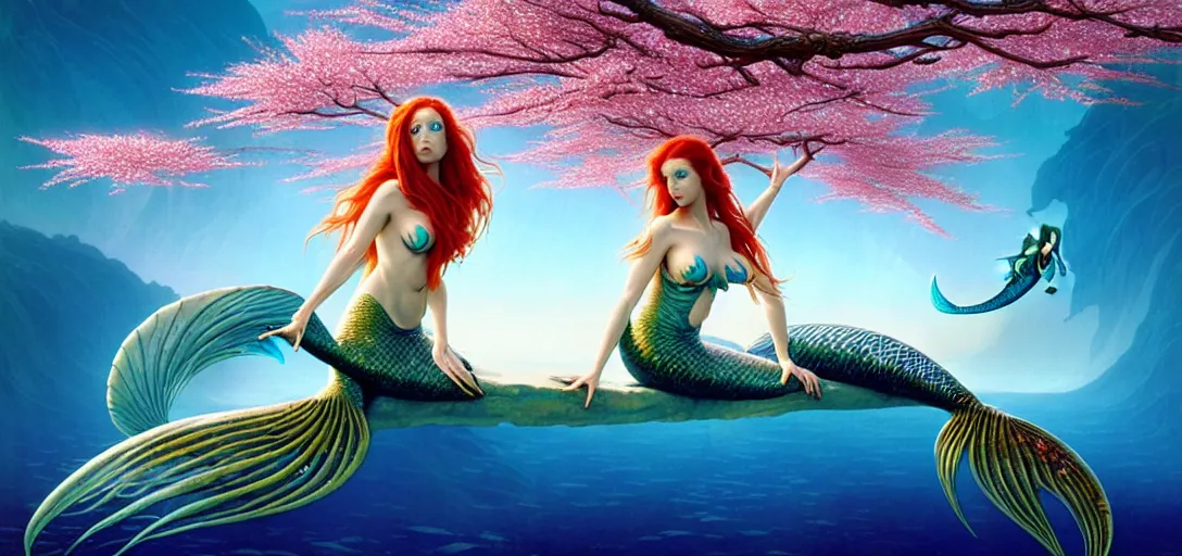 Image similar to photo of a beautiful mermaid and alien fish in the style of roger dean, realistic, sharp focus, 8 k high definition, insanely detailed, intricate, elegant, art by greg rutkowski and artgerm, extreme blur cherry blossoms background